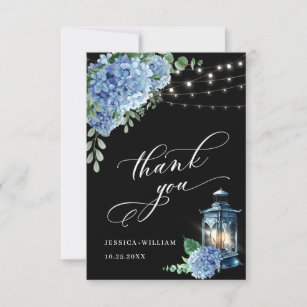 Blue Hydrangea Floral Lantern  Black Boho Wedding Thank You Card