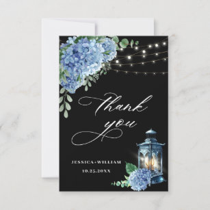 Blue Hydrangea Floral Lantern Black Boho  Wedding Thank You Card