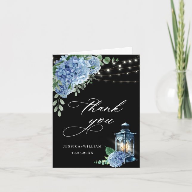 Blue Hydrangea Floral Lantern Black Boho Wedding Thank You Card (Front)