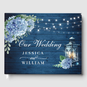 Blue Hydrangea Floral Lantern Navy Wood Wedding Guest Book