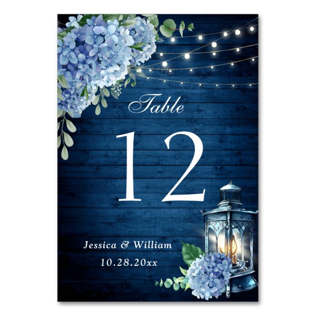 Blue Hydrangea Floral Lantern Navy Wood Wedding Table Number (Front)