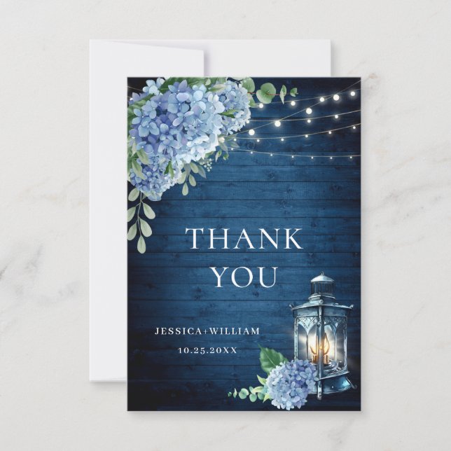 Blue Hydrangea Floral Lantern Navy Wood Wedding Thank You Card (Front)