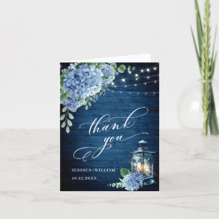 Blue Hydrangea Floral Lantern Navy Wood Wedding Thank You Card