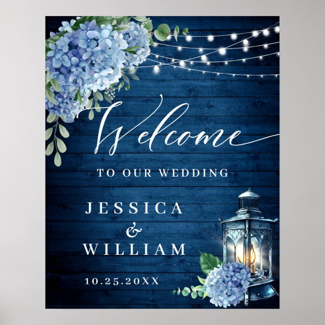 Blue Hydrangea Floral Lantern Wood Welcome Wedding Poster (Front)