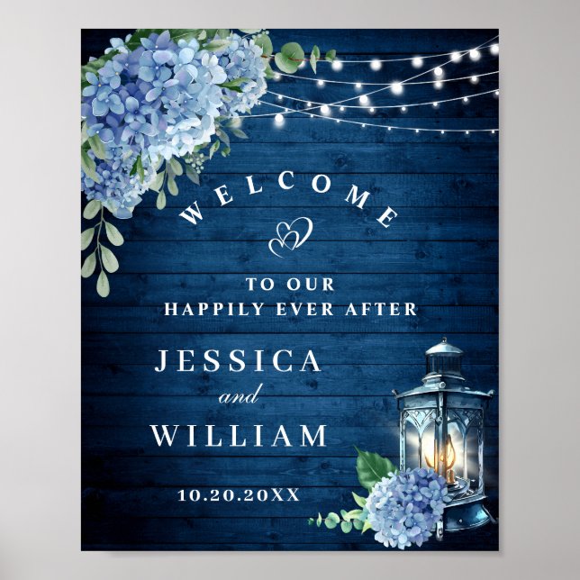 Blue Hydrangea Floral Lantern Wood Welcome Wedding Poster (Front)