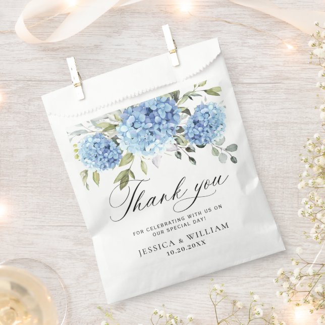 Blue Hydrangea Floral Love and Thanks Wedding Favour Bag (Clipped)