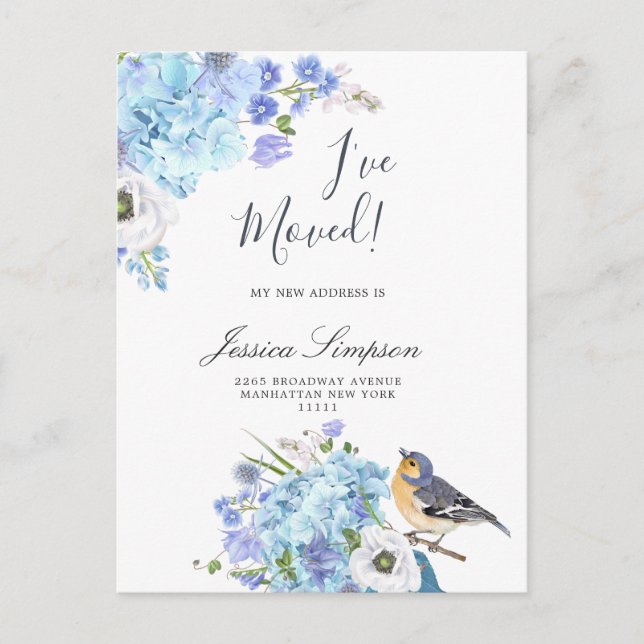 Blue Hydrangea Floral Moving Announcement Cards (Front)