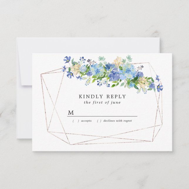 Blue Hydrangea Floral on Gold Geometric Frame RSVP Card (Front)