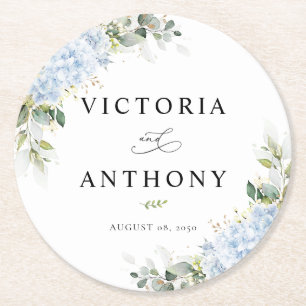 Blue Hydrangea Floral Round Wedding Coaster