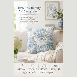 Blue Hydrangea Floral Throw Pillow | Elegant Coast