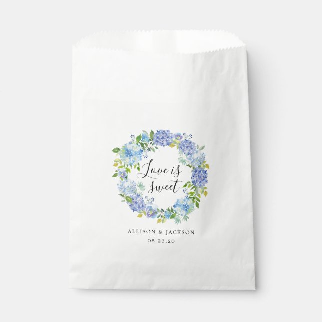 Blue Hydrangea Floral Treat Wedding Favour Bags (Front)