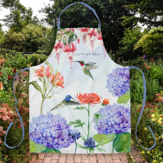 Blue Hydrangea Floral We Love You Mimi Hummingbird Apron (Creator Uploaded)