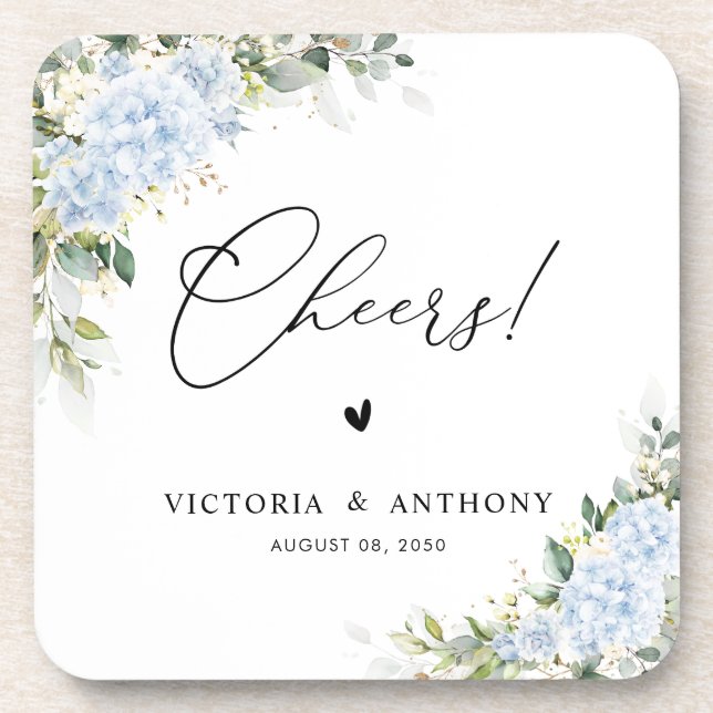 Blue Hydrangea Floral Wedding Cheers Square Coaster (Front)