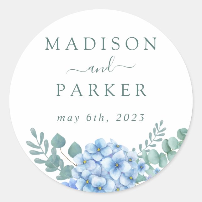 Blue Hydrangea Floral Wedding Classic Round Sticker (Front)