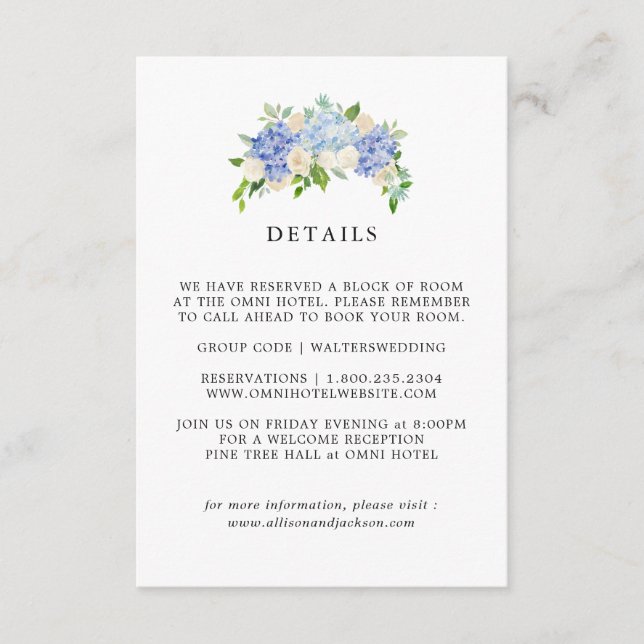 Blue Hydrangea Floral Wedding Details Cards (Front)