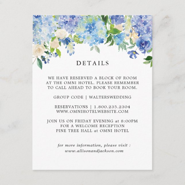 Blue Hydrangea Floral Wedding Details Cards (Front)