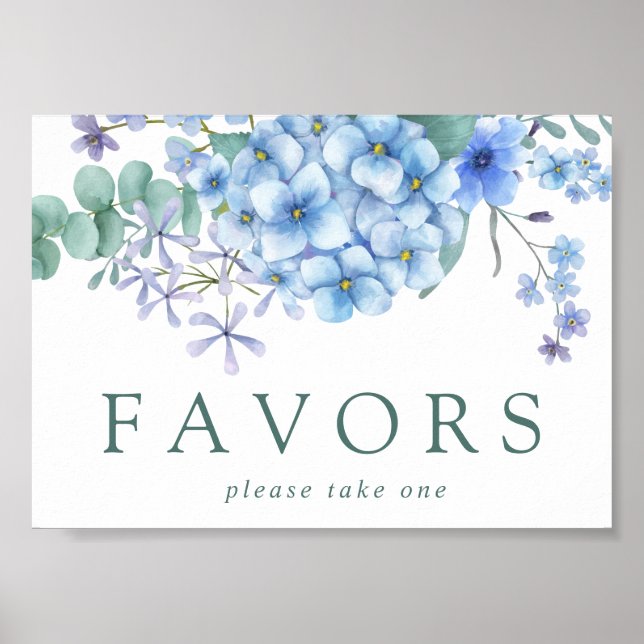 Blue Hydrangea Floral Wedding Favour Sign (Front)