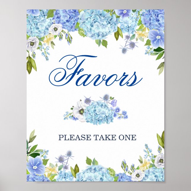 Blue Hydrangea Floral Wedding Favour Sign Poster (Front)
