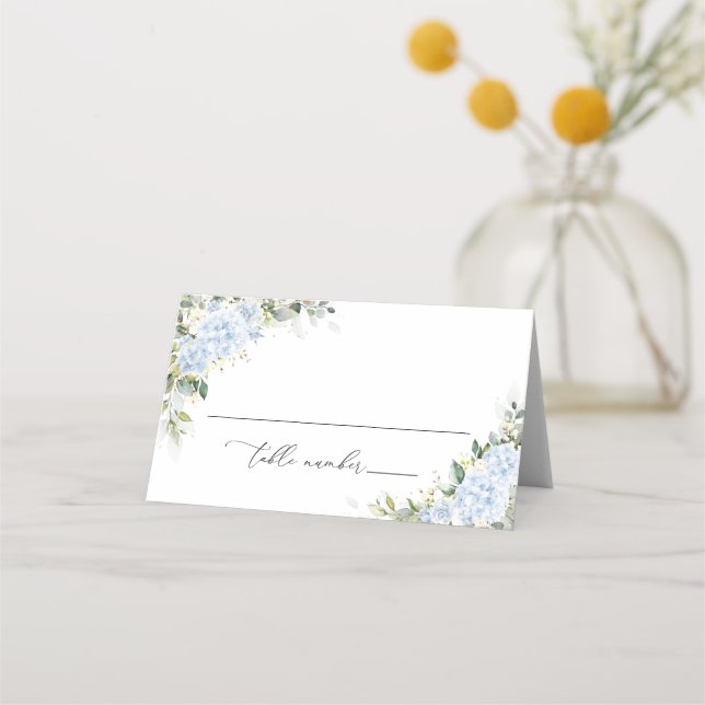 Blue Hydrangea Floral Wedding Folded Place Cards (Front)