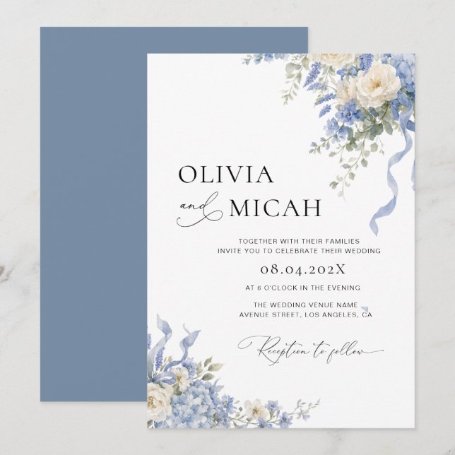 blue hydrangea floral wedding invitation (Front/Back)