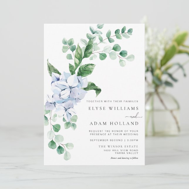Blue Hydrangea Floral Wedding Invitation (Standing Front)