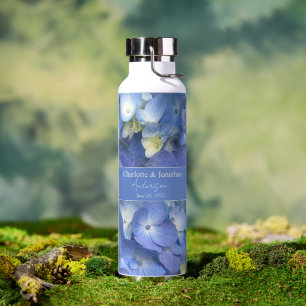 Blue Hydrangea Floral Wedding Personalised Names Water Bottle
