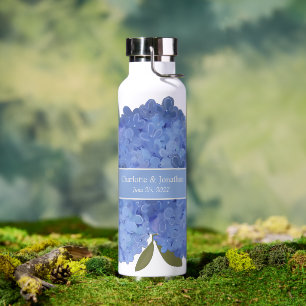 Blue Hydrangea Floral Wedding Personalised Names Water Bottle