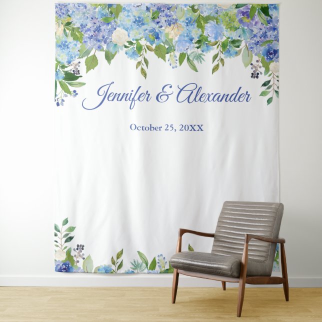 Blue Hydrangea Floral Wedding Photo Booth Backdrop Tapestry (In Situ)