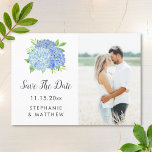 Blue Hydrangea Floral Wedding Photo Save The Date<br><div class="desc">These save the date cards feature a blue hydrangea watercolor floral design. They are part of a collection which includes a full range of matching wedding invitations and stationery. Personalise them with your own text and photo. Please visit our store to see the full range of items that you can...</div>