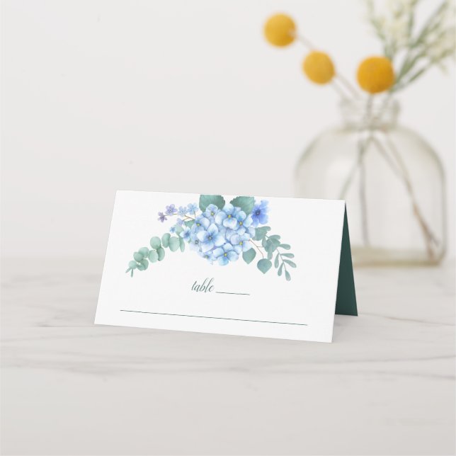 Blue Hydrangea Floral Wedding Place Card (Front)