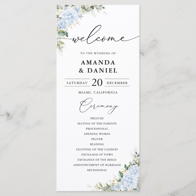 Blue Hydrangea Floral Wedding Program (Front)