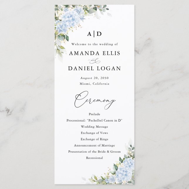 Blue Hydrangea Floral Wedding Program (Front)