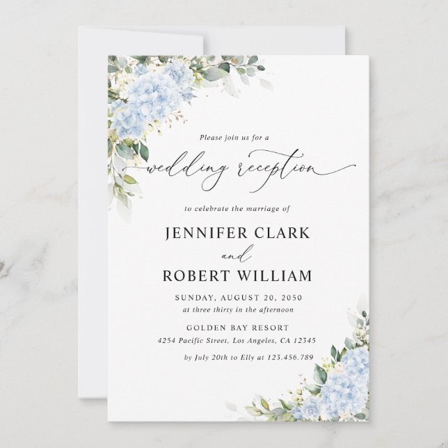 Blue Hydrangea Floral Wedding Reception Invitation (Front)