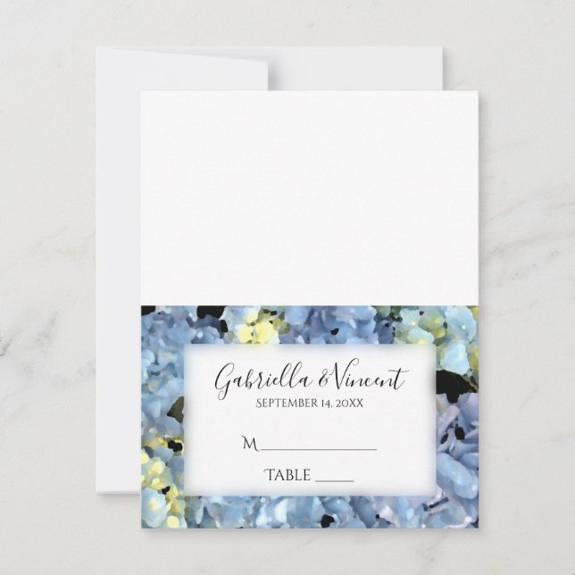 Blue Hydrangea Floral Wedding Reception Place Card (Front)