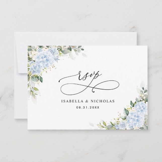 Blue Hydrangea Floral Wedding RSVP Card (Front)