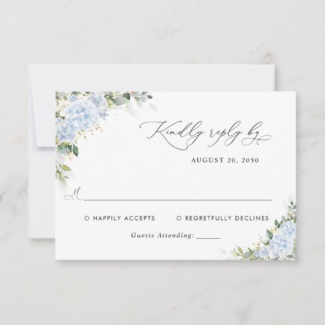 Blue Hydrangea Floral Wedding RSVP Card (Front)