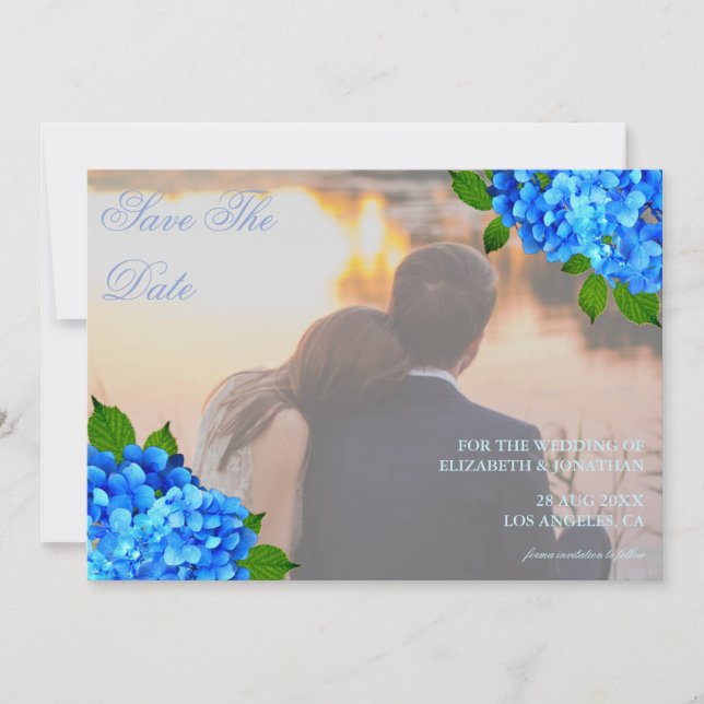 Blue Hydrangea Floral Wedding Save The Date (Front)