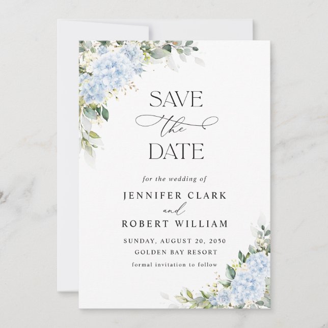 Blue Hydrangea Floral Wedding Save The Date (Front)