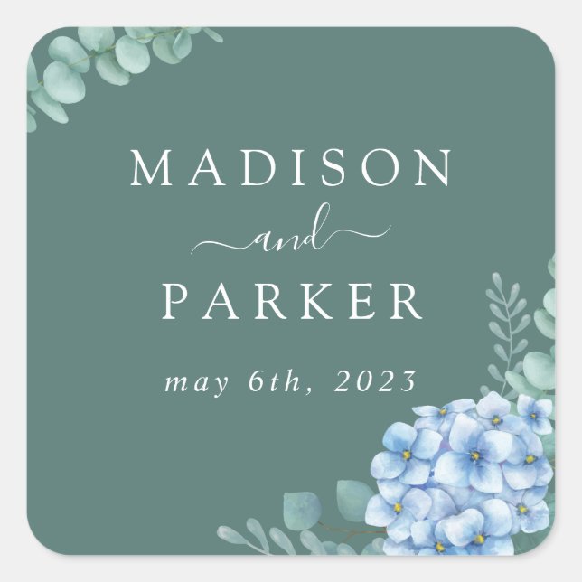 Blue Hydrangea Floral Wedding Square Sticker (Front)