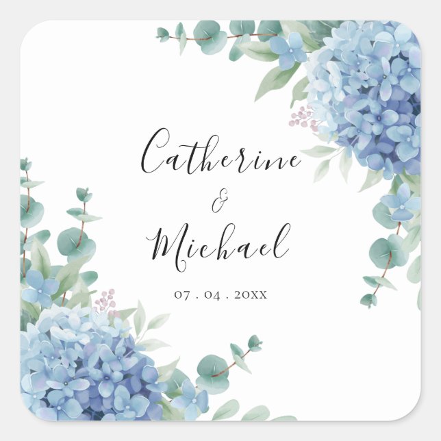 Blue Hydrangea Floral Wedding  Square Sticker (Front)