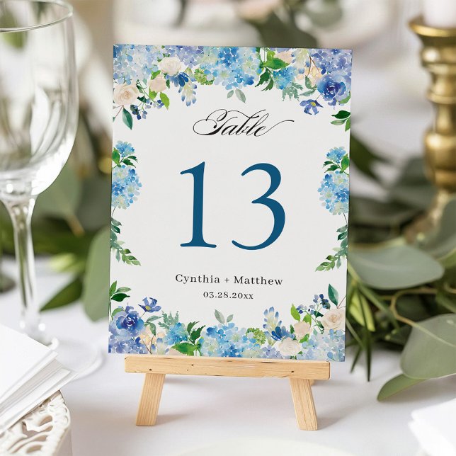 Blue Hydrangea Floral Wedding Table Number Card (Creator Uploaded)