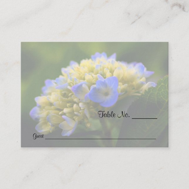 Blue Hydrangea Floral Wedding Table Place Cards (Front)