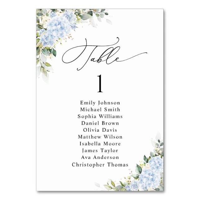 Blue Hydrangea Floral Wedding Table Seating Chart  Number (Front)
