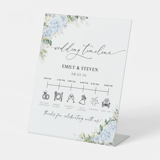 Blue Hydrangea Floral Wedding Timeline Sign (Front)
