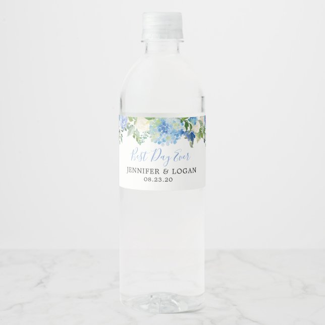 Blue Hydrangea Floral Wedding Water Bottle Label (Front)