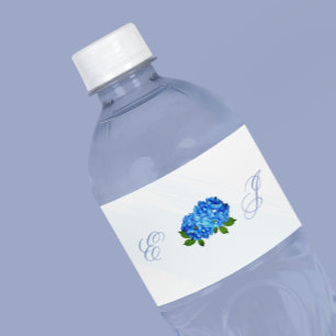 Blue Hydrangea Floral Wedding Water Bottle Label