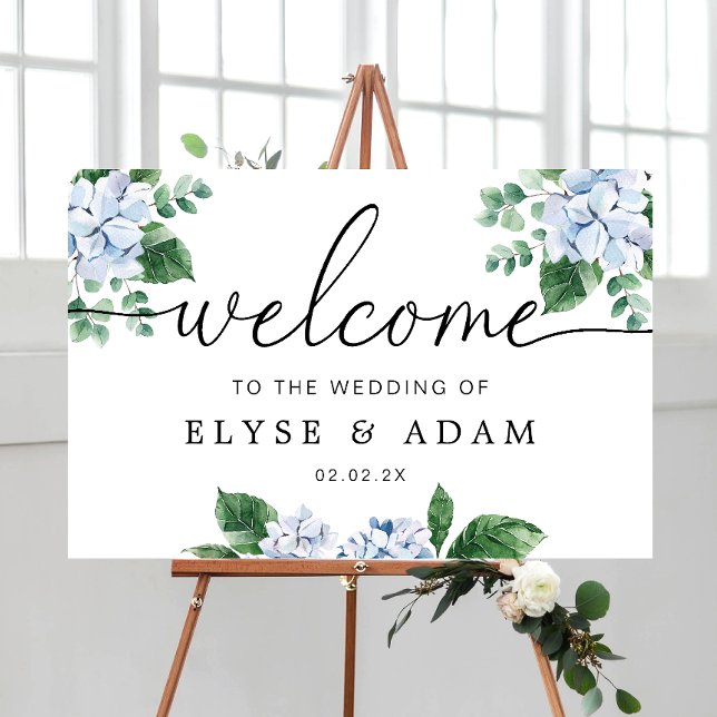 Blue Hydrangea Floral Wedding Welcome Sign (Ferras Blue Hydrangea Wedding Welcome Sign )