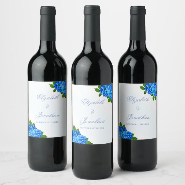 Blue Hydrangea Floral Wedding Wine Label (Bottles)