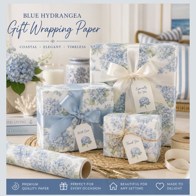 Blue Hydrangea Floral Wrapping Paper (Elegant blue hydrangea gift wrap for coastal gifting, weddings, birthdays and special occasions.)