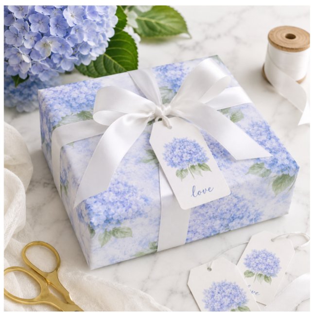 Blue Hydrangea Floral Wrapping Paper (Elegant blue hydrangea gift wrap for thoughtful gifting, boutique presents, and beautiful occasions.)